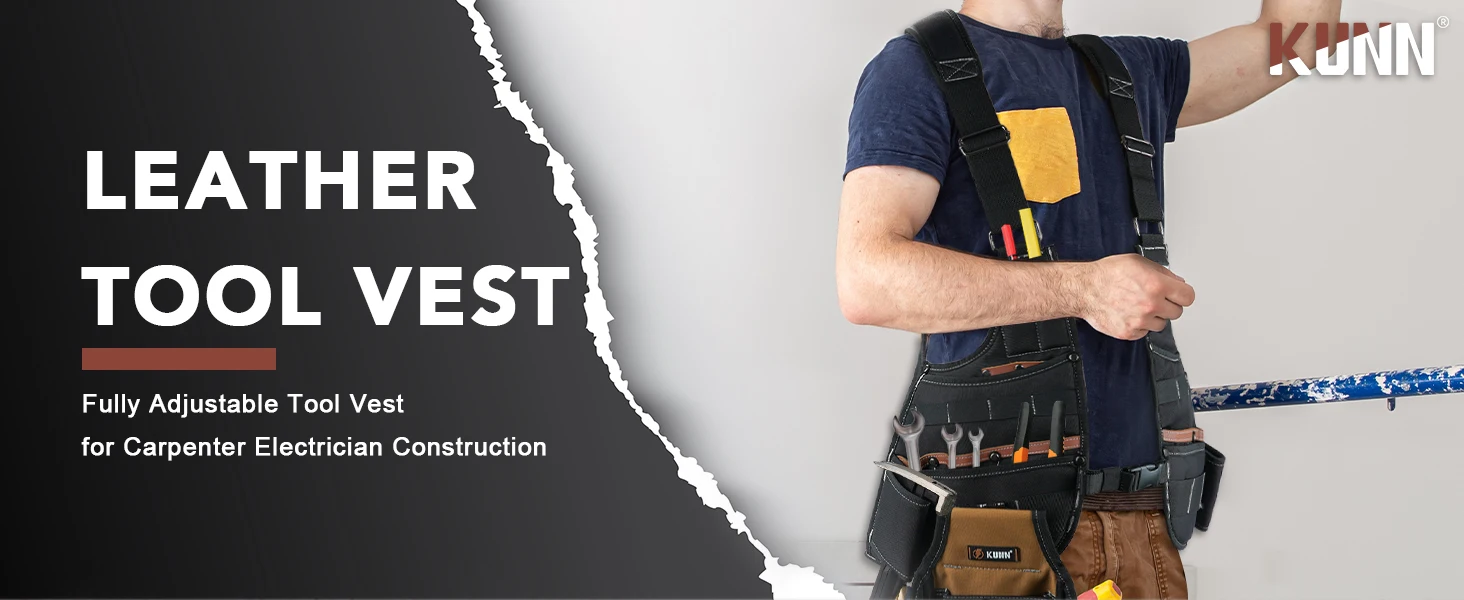 Leather Tool Vest for Men – Adjustable 37-Pocket Work Vest for Electricians, Carpenters, and Construction Workers
