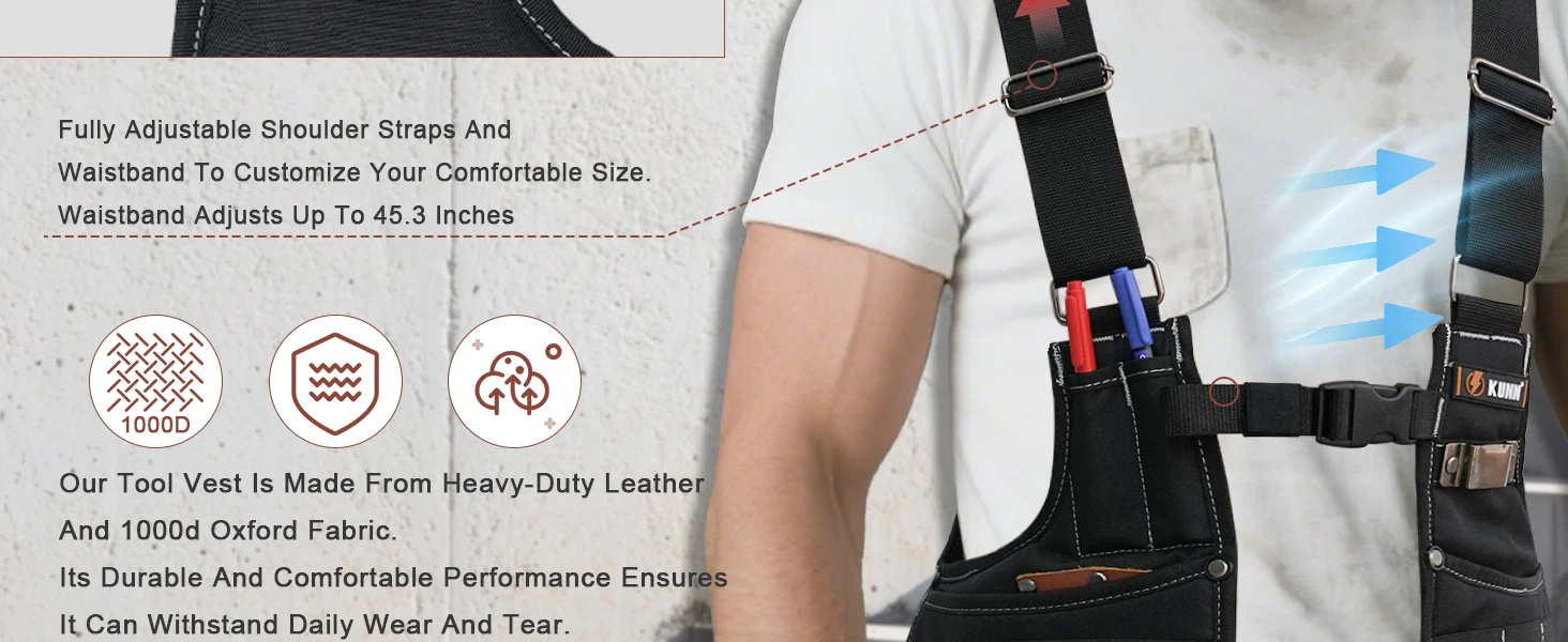 Leather Tool Vest for Men – Adjustable 37-Pocket Work Vest for Electricians, Carpenters, and Construction Workers