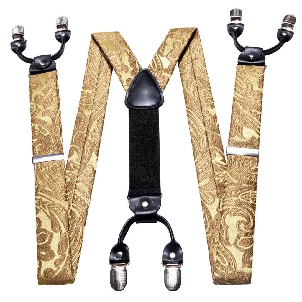 Barry.Wang Designer Mens Suspender Hanky Cufflinks Tie Set Adjustable Clip On Braces Self Necktie Male Wedding Business