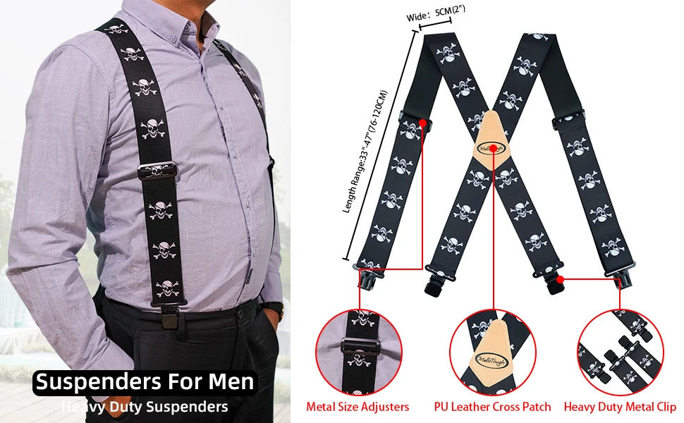 Suspenders Man For Pants 2" Wide Adjustable and Elastic Braces X Shape With Strong Clips - Heavy Duty Elastic Braces For Men