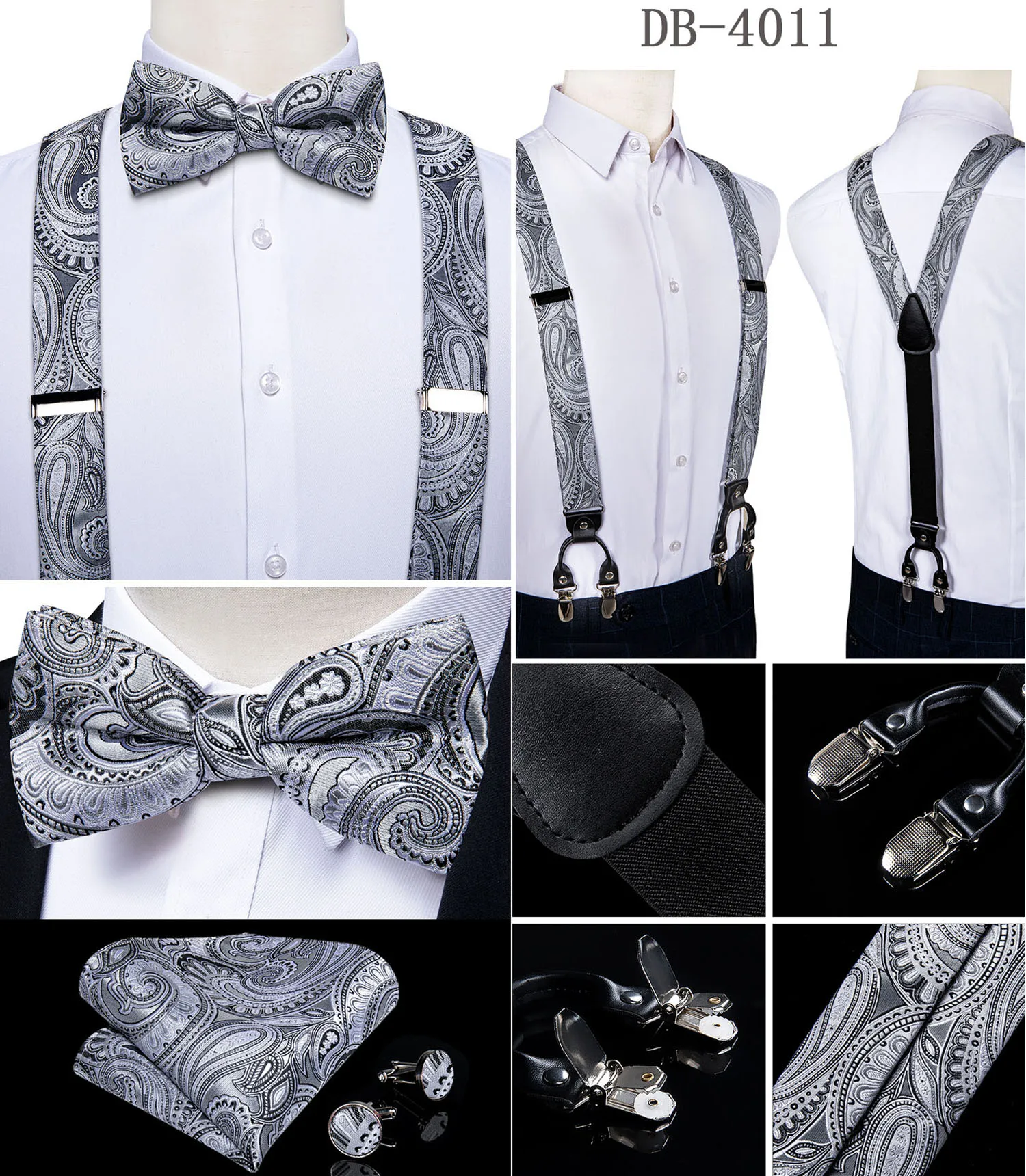 Fashion Men's Adjustable Suspenders Orange Paisley Pre-tied Bowtie Pocket Square Cufflinks Set for Wedding Party Business