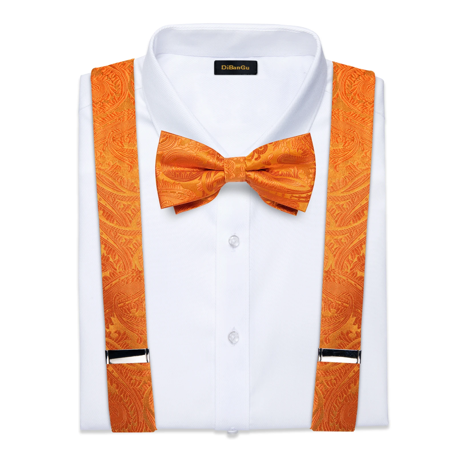 Fashion Men's Adjustable Suspenders Orange Paisley Pre-tied Bowtie Pocket Square Cufflinks Set for Wedding Party Business