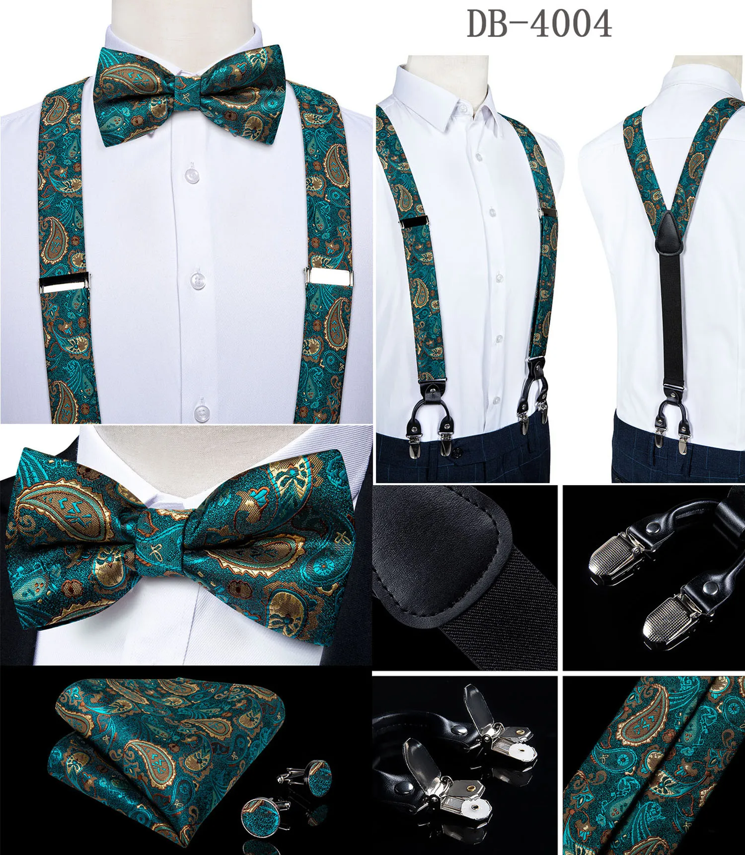Fashion Men's Adjustable Suspenders Orange Paisley Pre-tied Bowtie Pocket Square Cufflinks Set for Wedding Party Business
