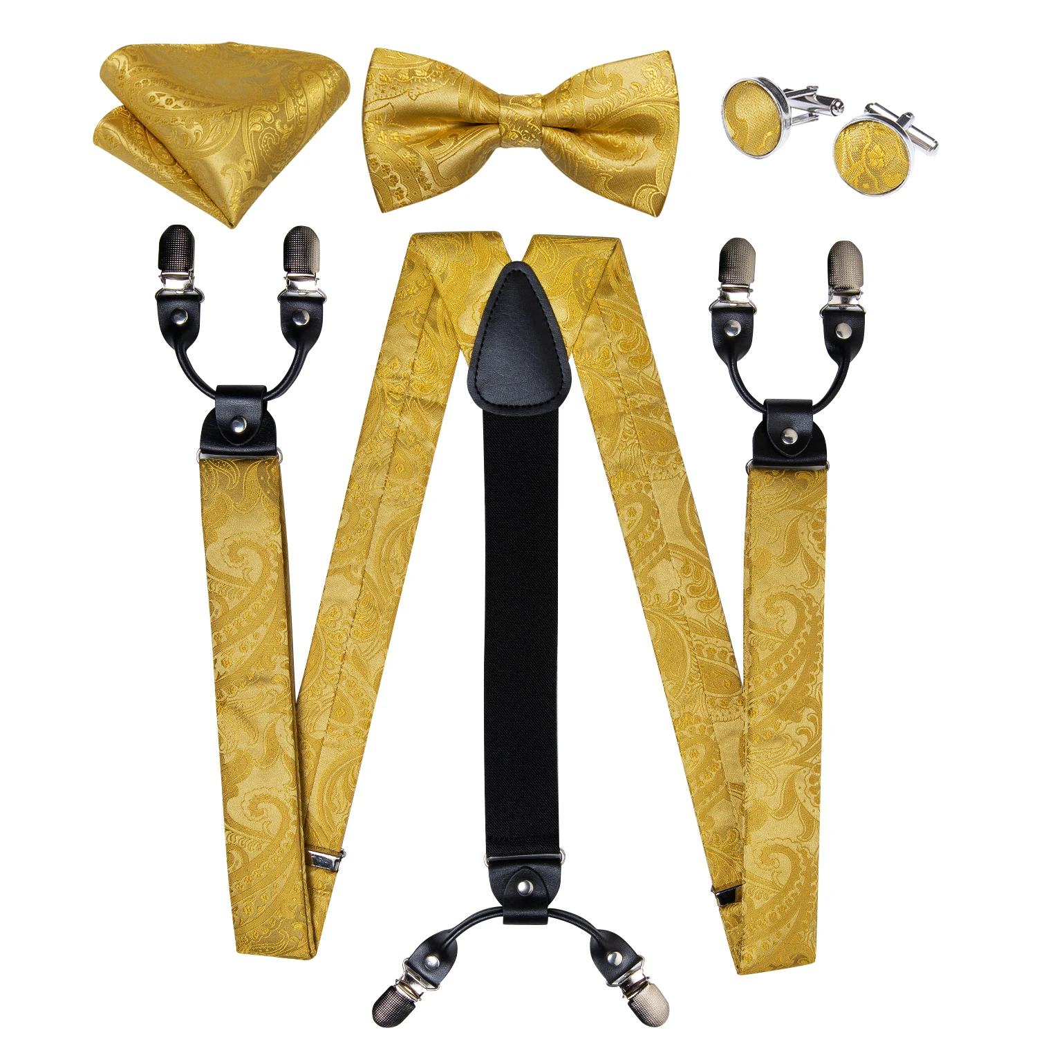 Fashion Men's Suspenders Bowtie Pocket Square 3.5cm Wide Elastic Man Cuffins Set Adjustable Braces for Man Shirt Decor