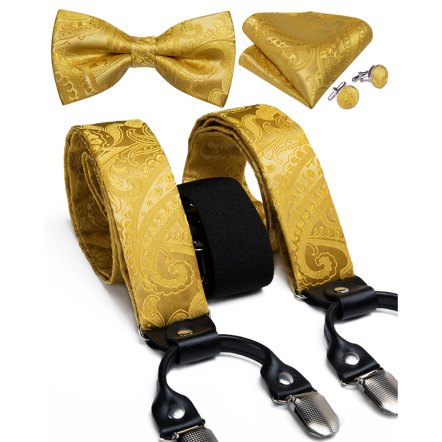 Fashion Men's Suspenders Bowtie Pocket Square 3.5cm Wide Elastic Man Cuffins Set Adjustable Braces for Man Shirt Decor