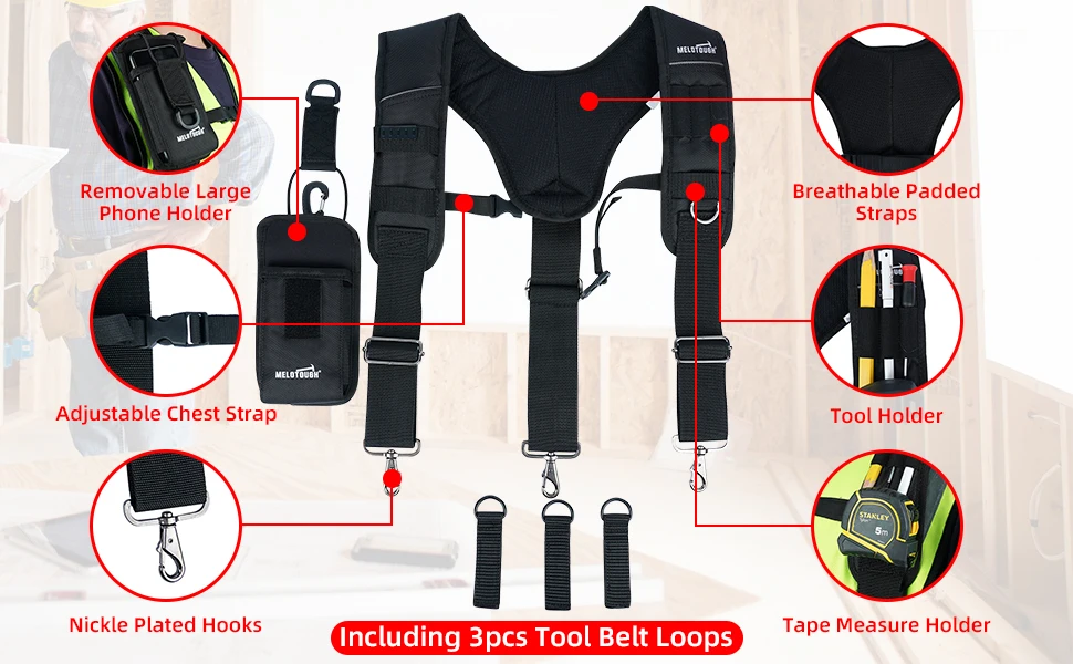 Tool Belt Suspenders Work Belt Suspenders for Men Big and Tall Construction Bag Suspenders Padded Work belt Suspenders