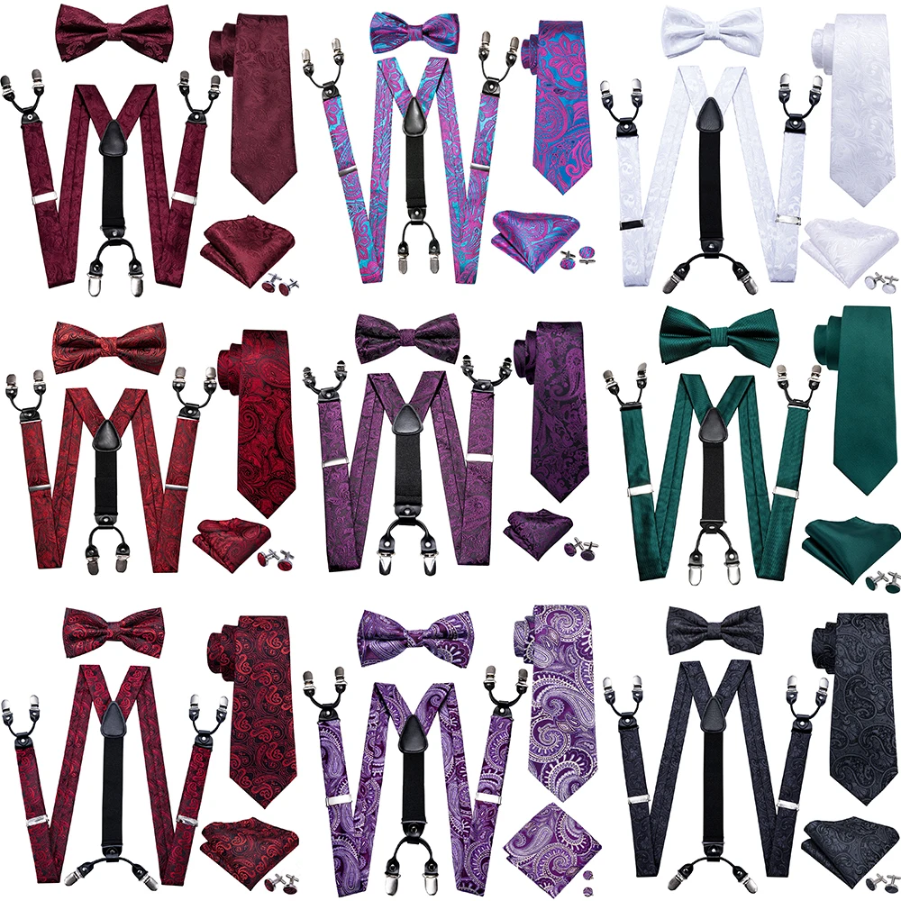 Fashion Men's Suspenders Adult Paisley Bowtie Handkerchief Cufflinks Necktie Sets Male Wedding Party Vintage Elastic Adjust