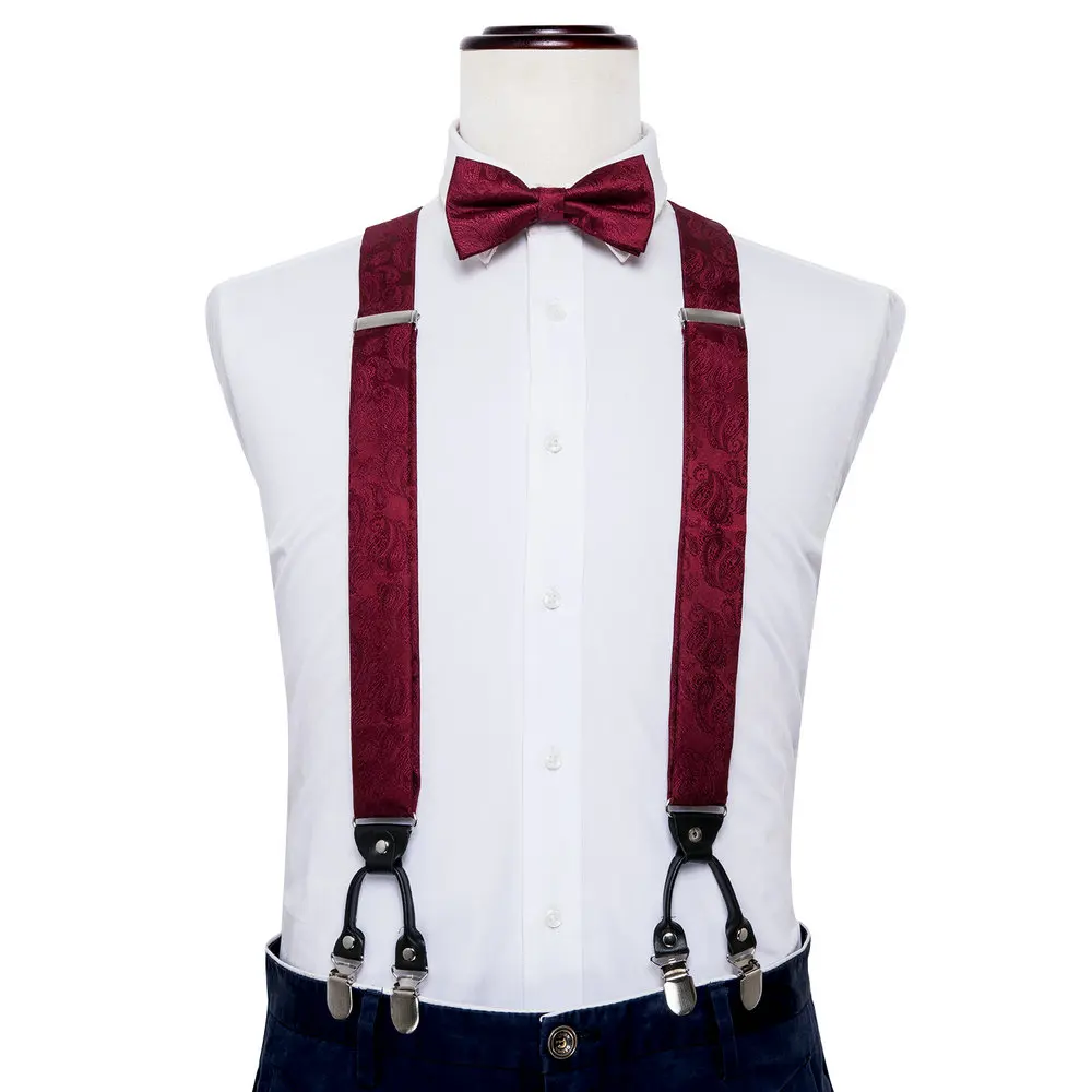 Fashion Men's Suspenders Adult Paisley Bowtie Handkerchief Cufflinks Necktie Sets Male Wedding Party Vintage Elastic Adjust