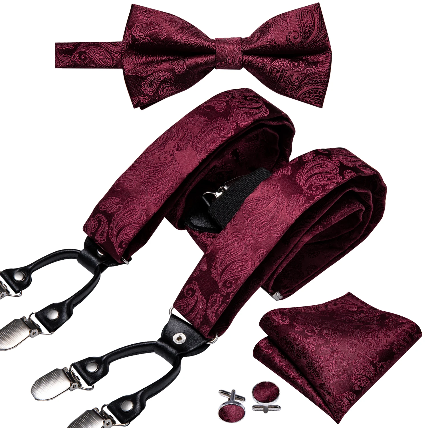 Fashion Men's Suspenders Adult Paisley Bowtie Handkerchief Cufflinks Necktie Sets Male Wedding Party Vintage Elastic Adjust
