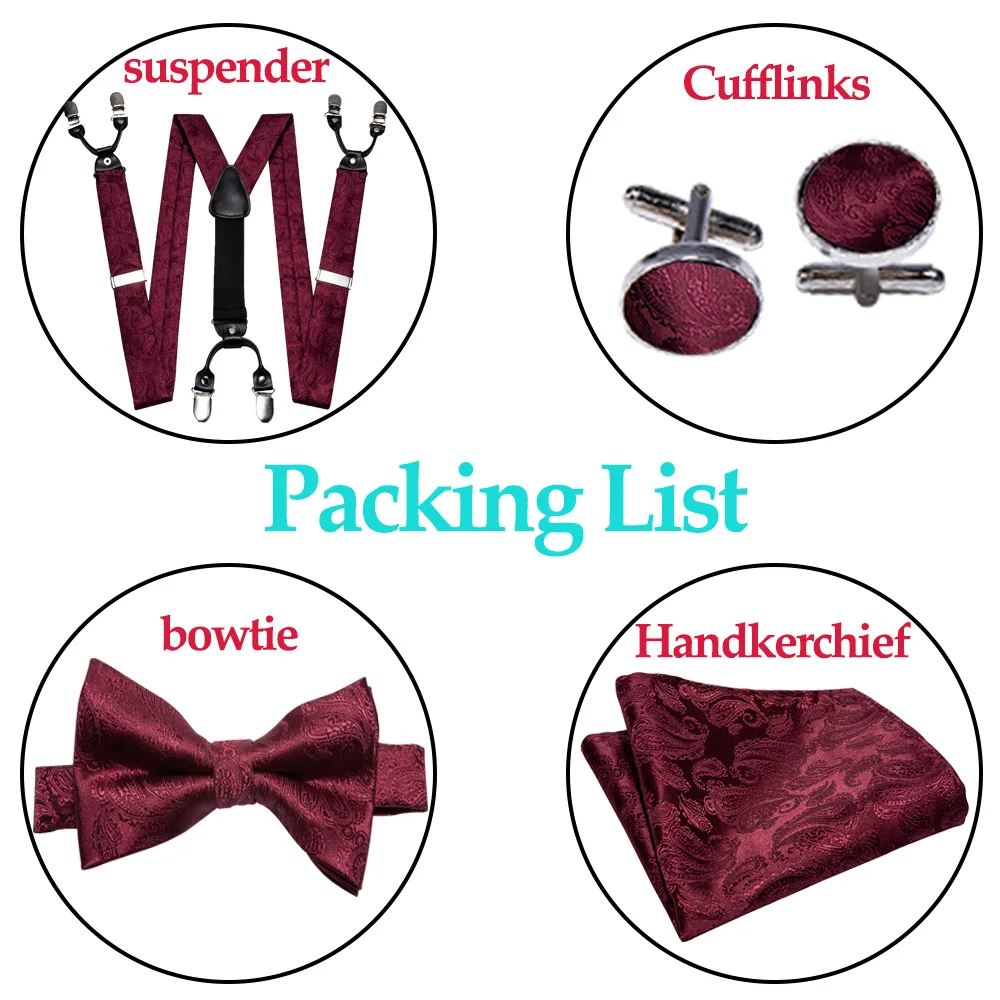 Fashion Men's Suspenders Adult Paisley Bowtie Handkerchief Cufflinks Necktie Sets Male Wedding Party Vintage Elastic Adjust