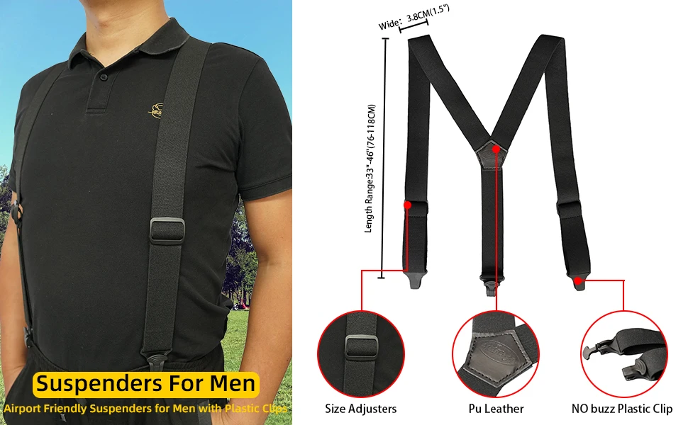 Melo Tough Y Back Suspenders Airport Friendly Suspenders, No Buzz with Plastic Clip 1.5 Inch Fully Elastic Braces