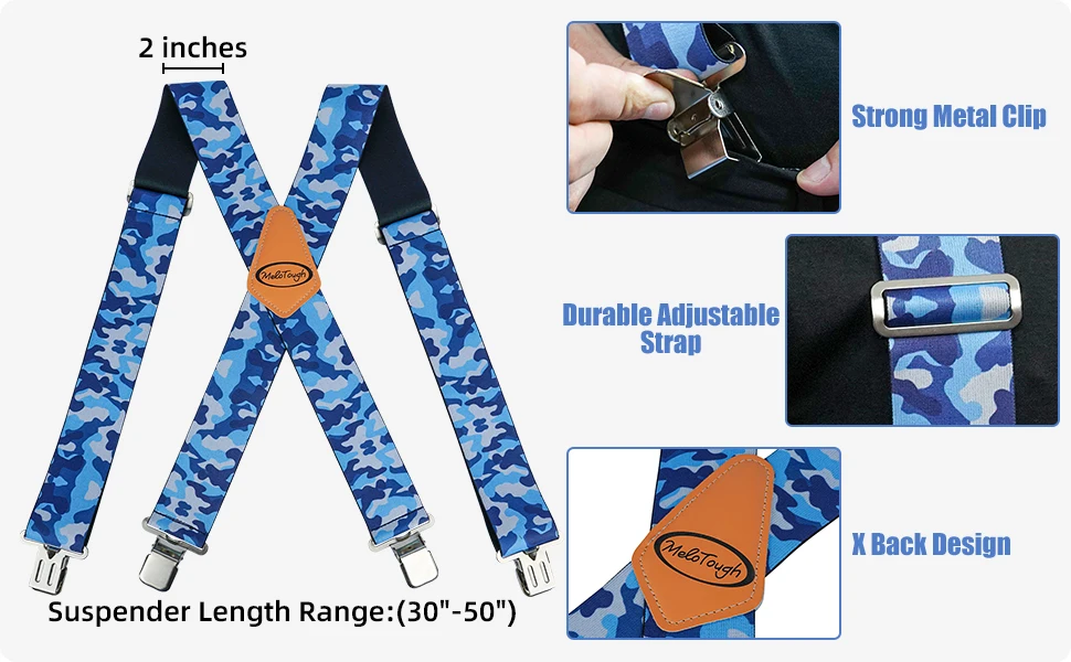 MELOTOUGH Men's Suspenders Fully Elastic 2 Inch Wide X Back Heavy Duty Work Suspenders