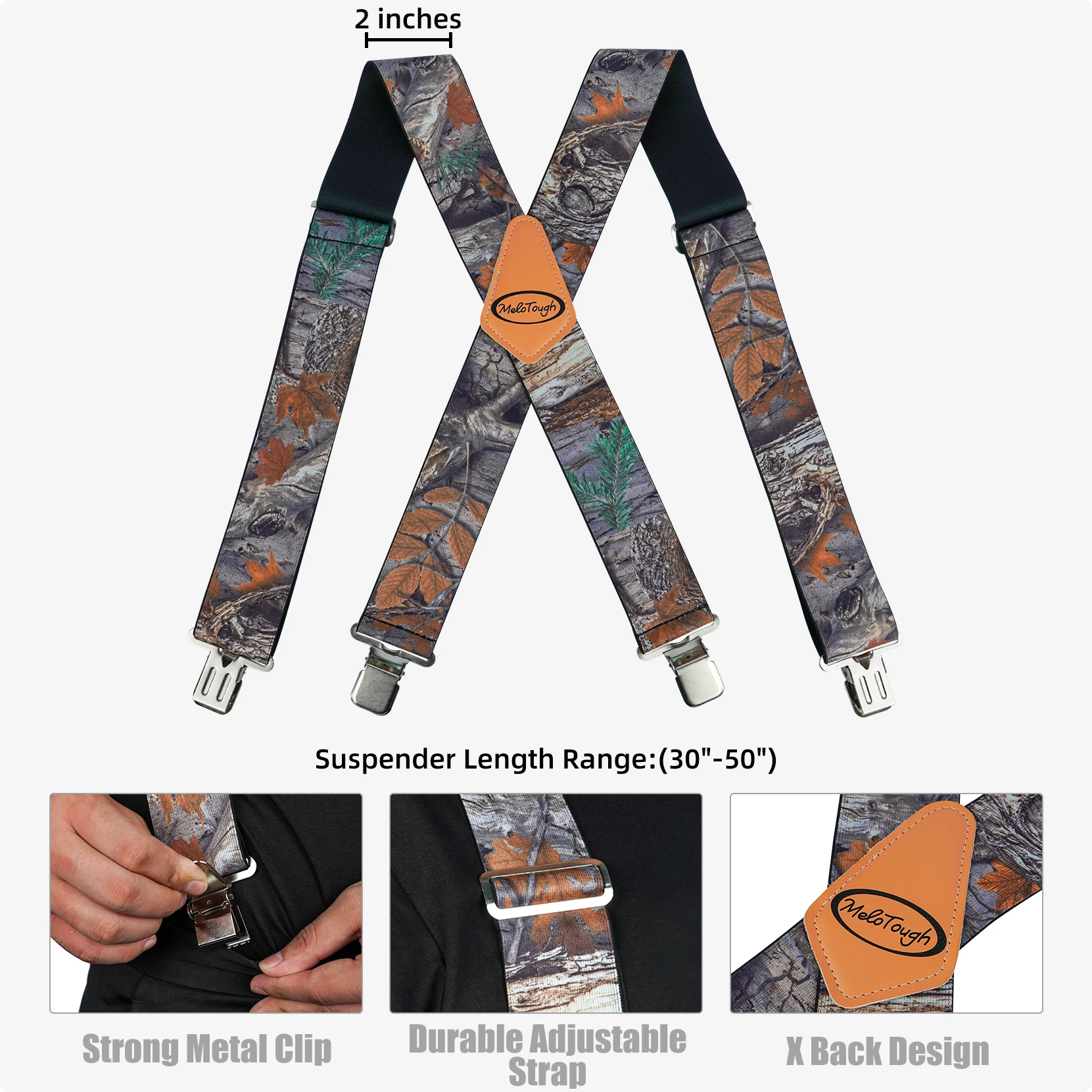 MELOTOUGH Men's Suspenders Fully Elastic 2 Inch Wide X Back Heavy Duty Work Suspenders