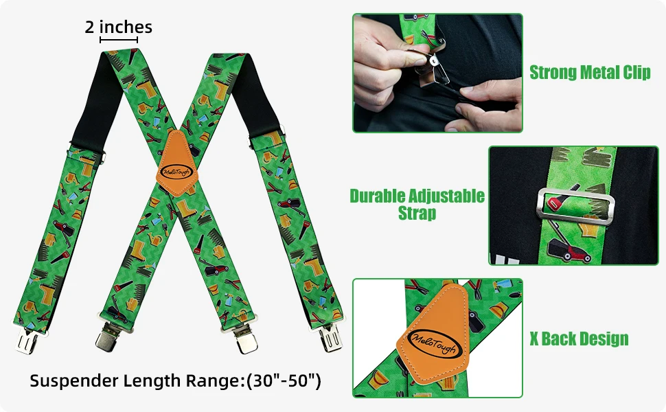 MELOTOUGH Men's Suspenders Fully Elastic 2 Inch Wide X Back Heavy Duty Work Suspenders