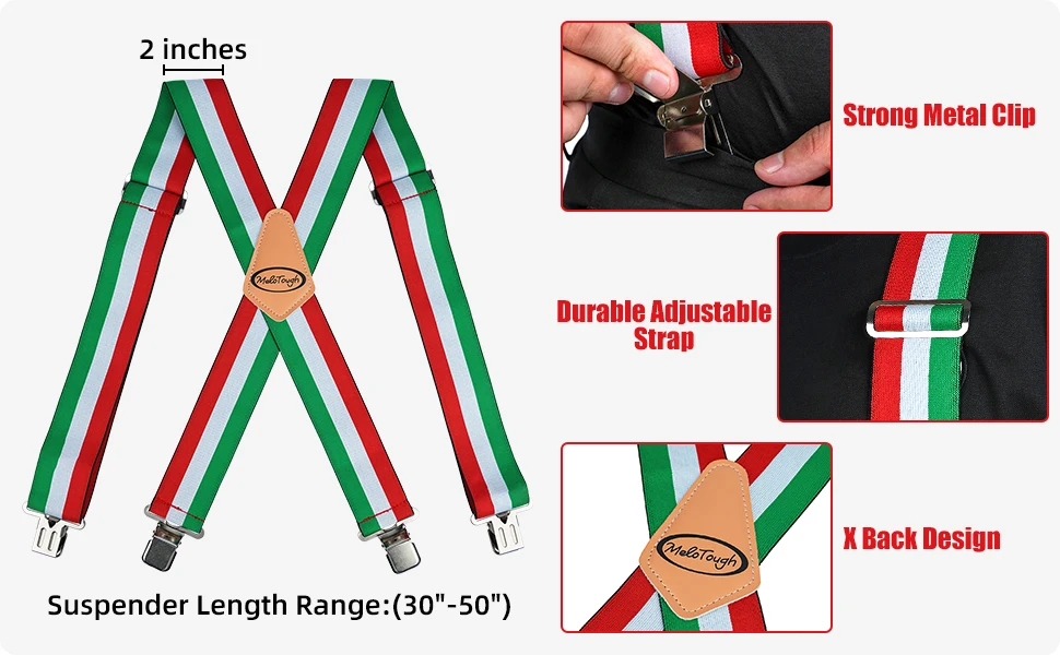 MELOTOUGH Men's Suspenders Fully Elastic 2 Inch Wide X Back Heavy Duty Work Suspenders