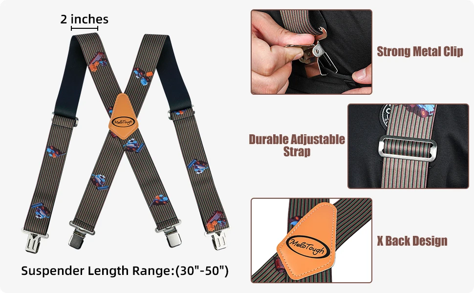 MELOTOUGH Men's Suspenders Fully Elastic 2 Inch Wide X Back Heavy Duty Work Suspenders