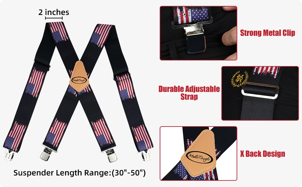 MELOTOUGH Men's Suspenders Fully Elastic 2 Inch Wide X Back Heavy Duty Work Suspenders