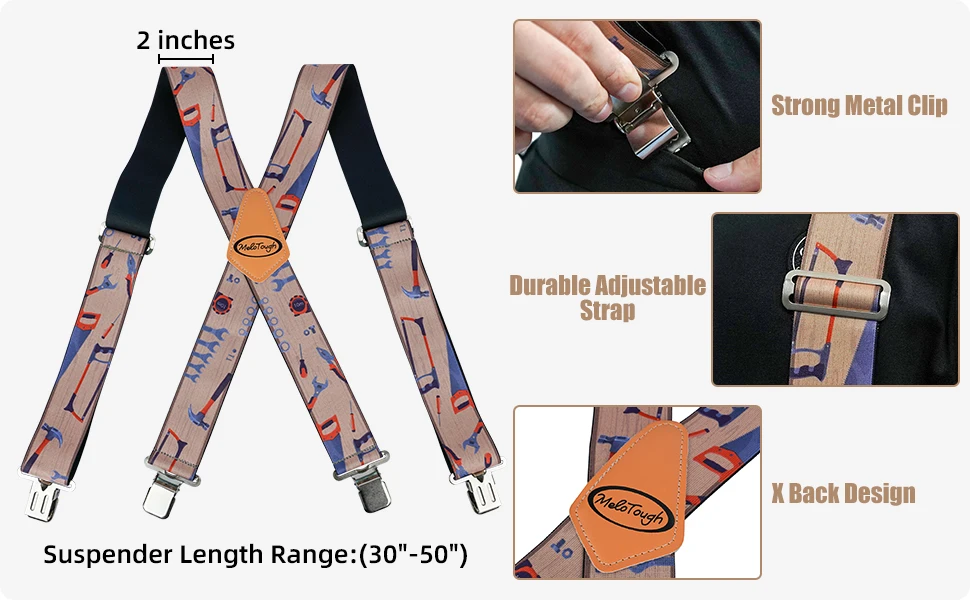 MELOTOUGH Men's Suspenders Fully Elastic 2 Inch Wide X Back Heavy Duty Work Suspenders