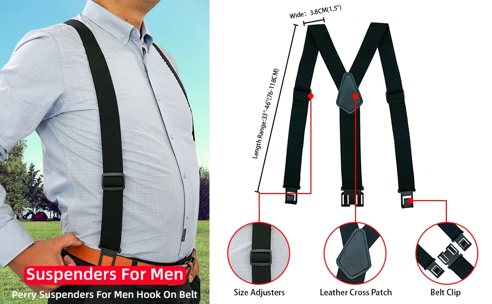 Melo Tough Y Back Suspenders Airport Friendly Suspenders,NO Buzz With Plastic Clip 2 Inch Fully Elastic Braces