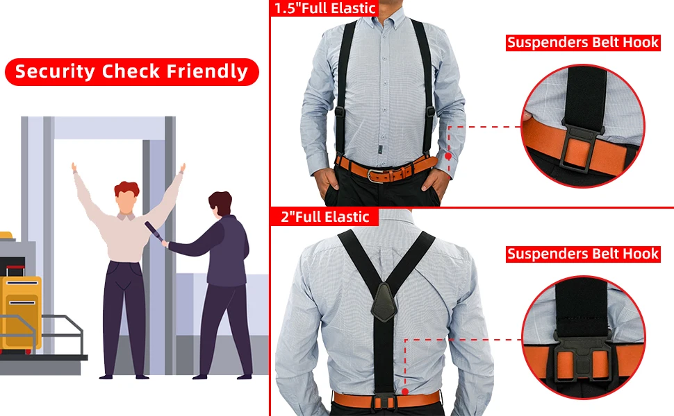 Melo Tough Y Back Suspenders Airport Friendly Suspenders,NO Buzz With Plastic Clip 2 Inch Fully Elastic Braces