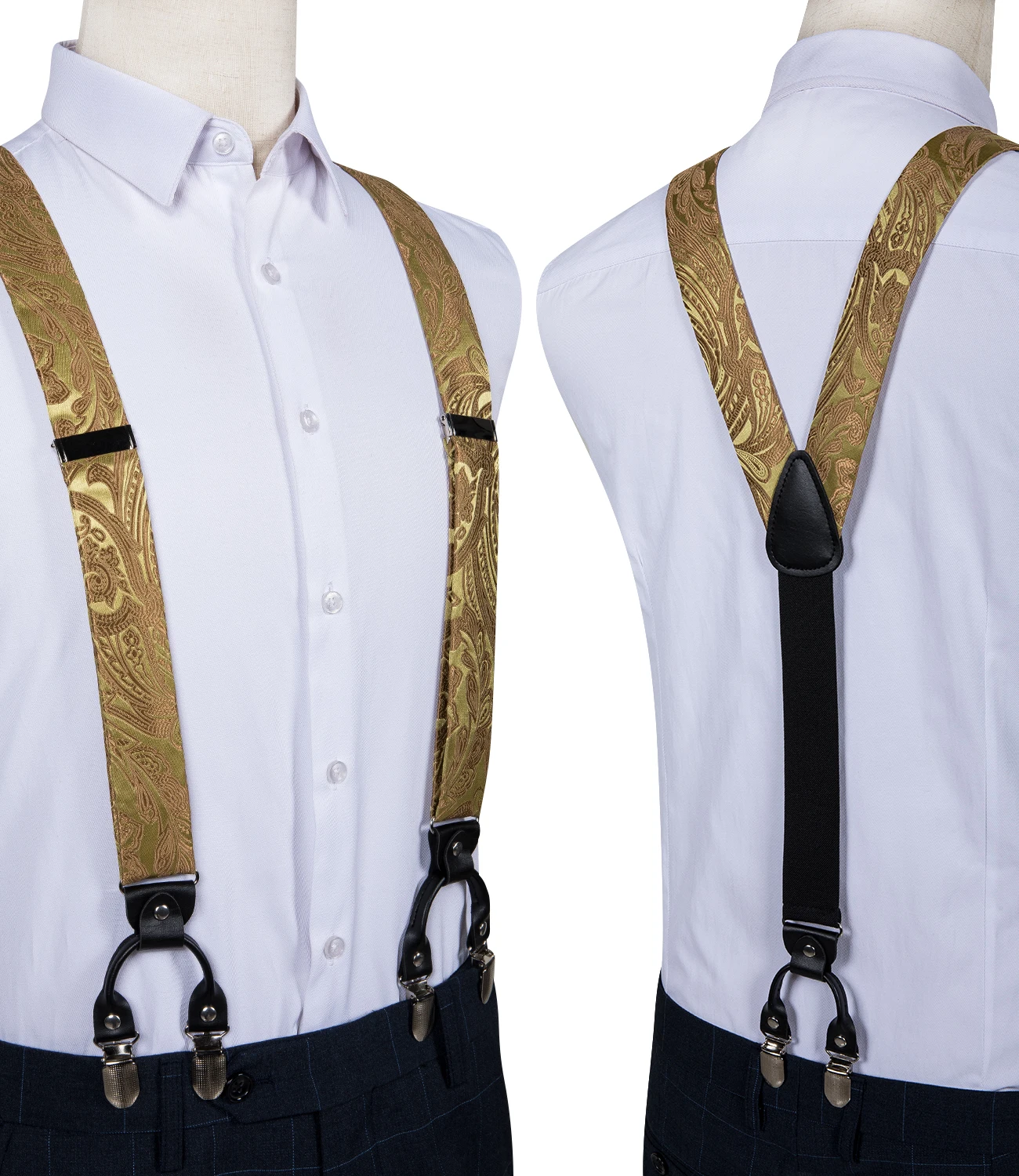 Elegant Gold Paisley Suspenders Men Real Leather Metal 6 Clips Braces Elastic Suspenders Trouser Straps Men's Gift