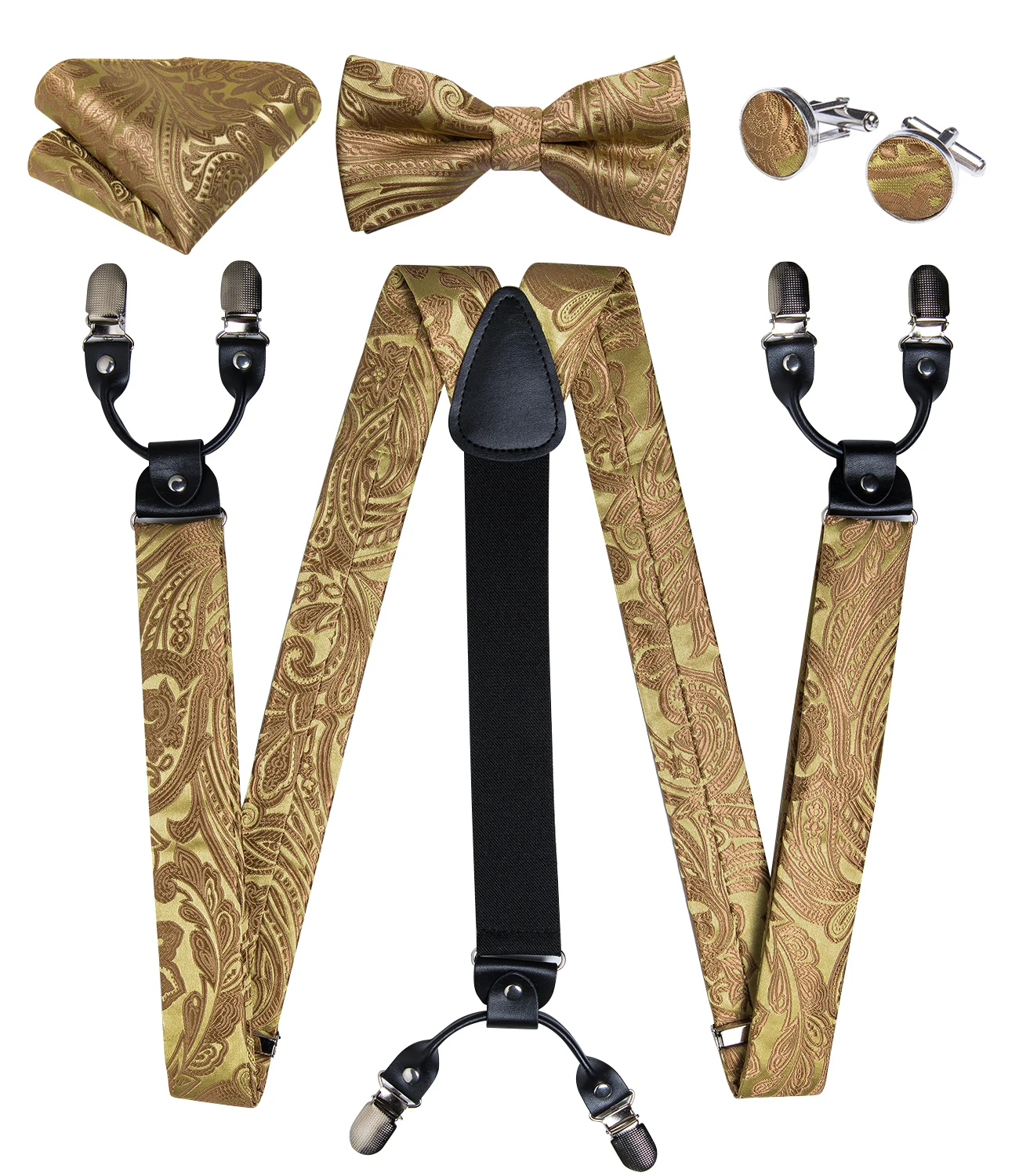 Elegant Gold Paisley Suspenders Men Real Leather Metal 6 Clips Braces Elastic Suspenders Trouser Straps Men's Gift