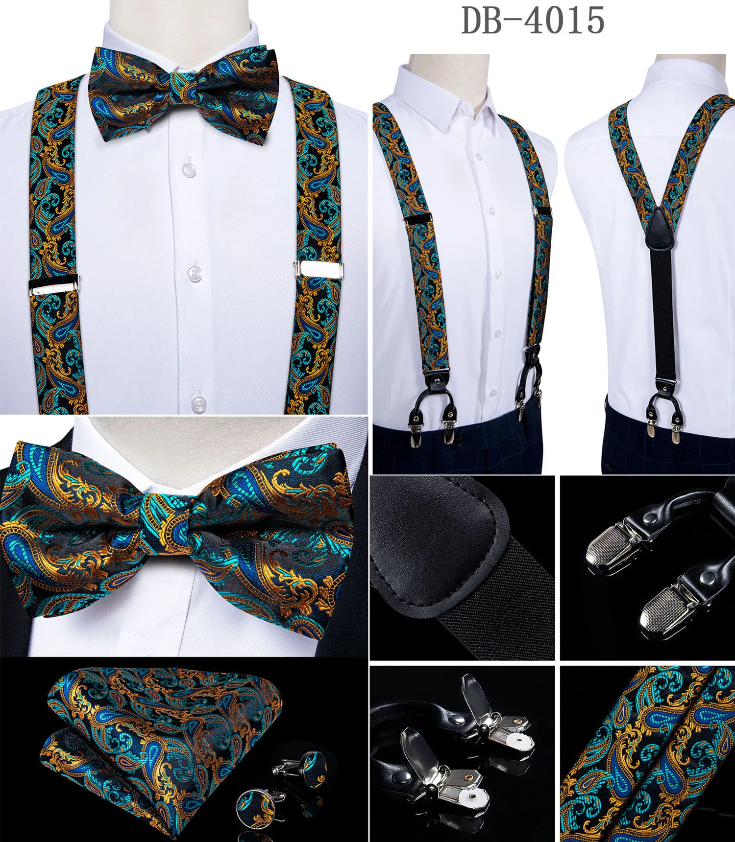 Elegant Gold Paisley Suspenders Men Real Leather Metal 6 Clips Braces Elastic Suspenders Trouser Straps Men's Gift