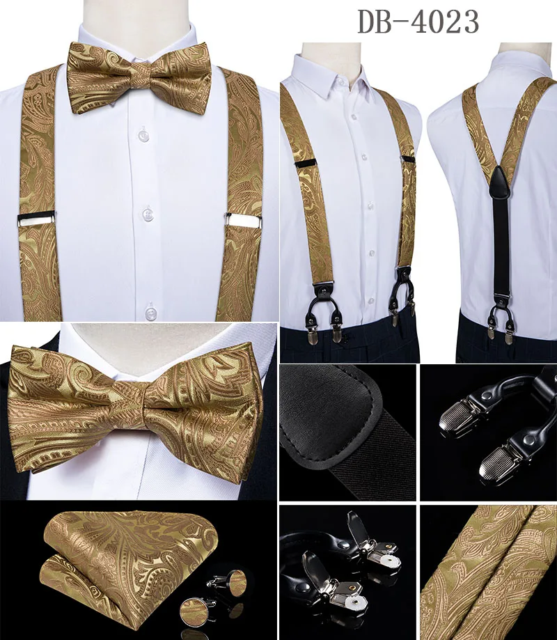 Elegant Gold Paisley Suspenders Men Real Leather Metal 6 Clips Braces Elastic Suspenders Trouser Straps Men's Gift