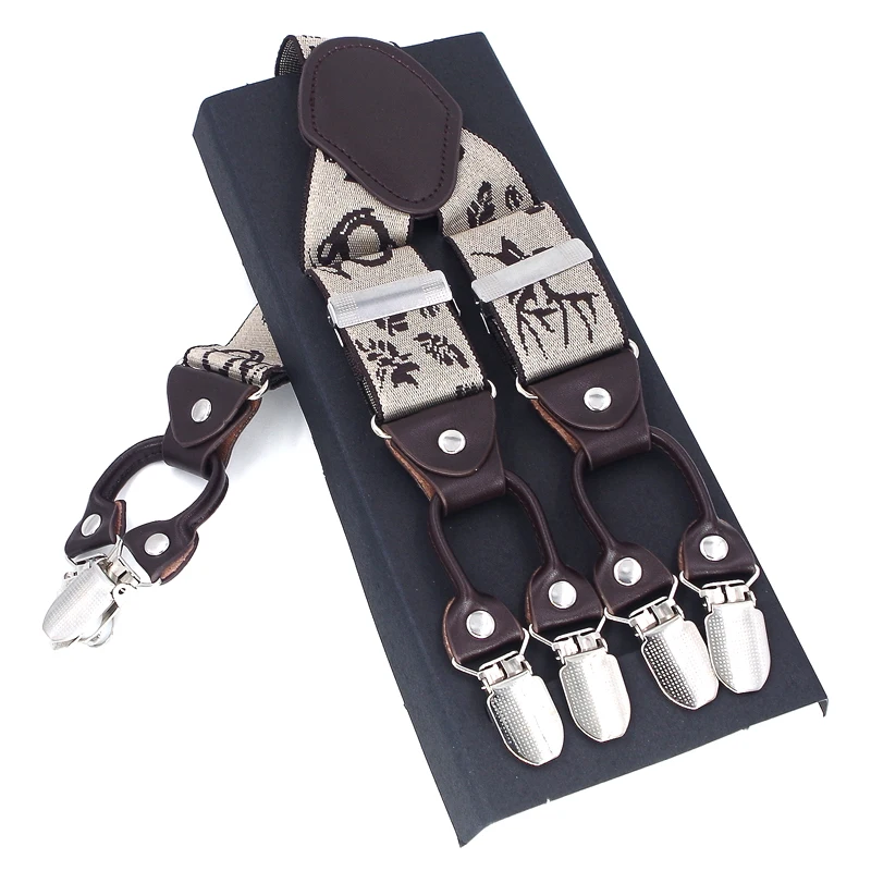 Fashion Suspenders Leather 6clips Braces Male Vintage Casual Suspensorio Tirante Trousers Strap Father/Husband's Gift 3.5*120cm