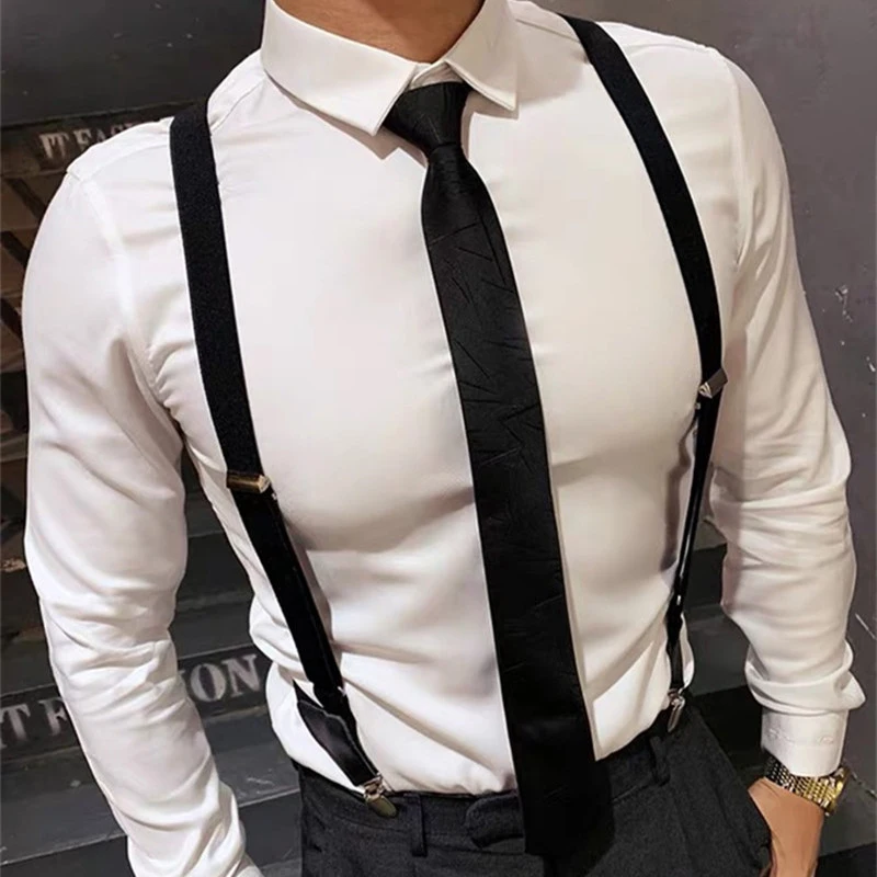 Fashion Vintage Suspenders for Adult Women Men 2.5cm Wide Cross-Over Back 2 Side Clips Adjustable Elastic Trouser Brace Straps