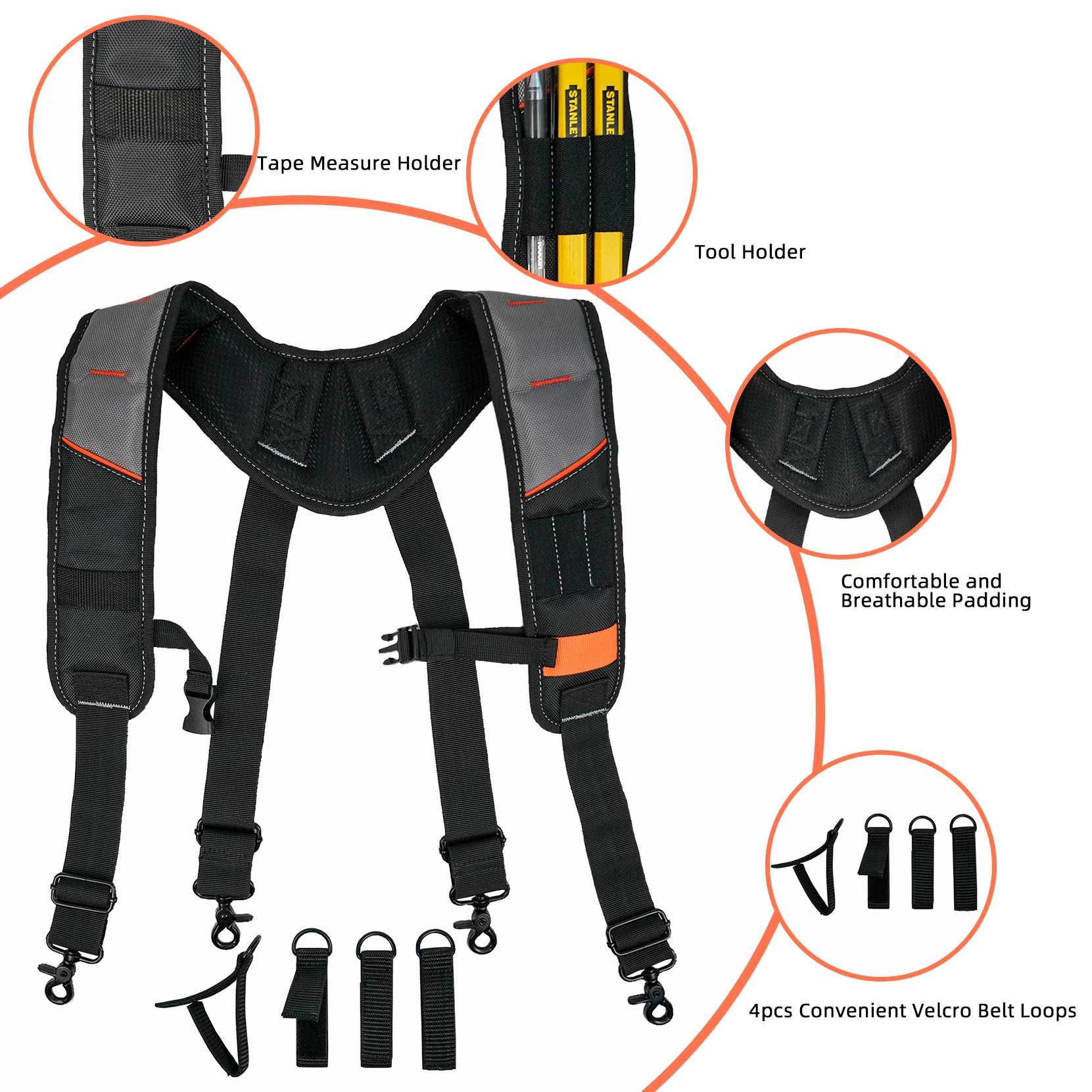 KUNN Tool Belt Suspenders Padded Carpenter Construction Electrician Work Suspender with Attachment Loops for Men