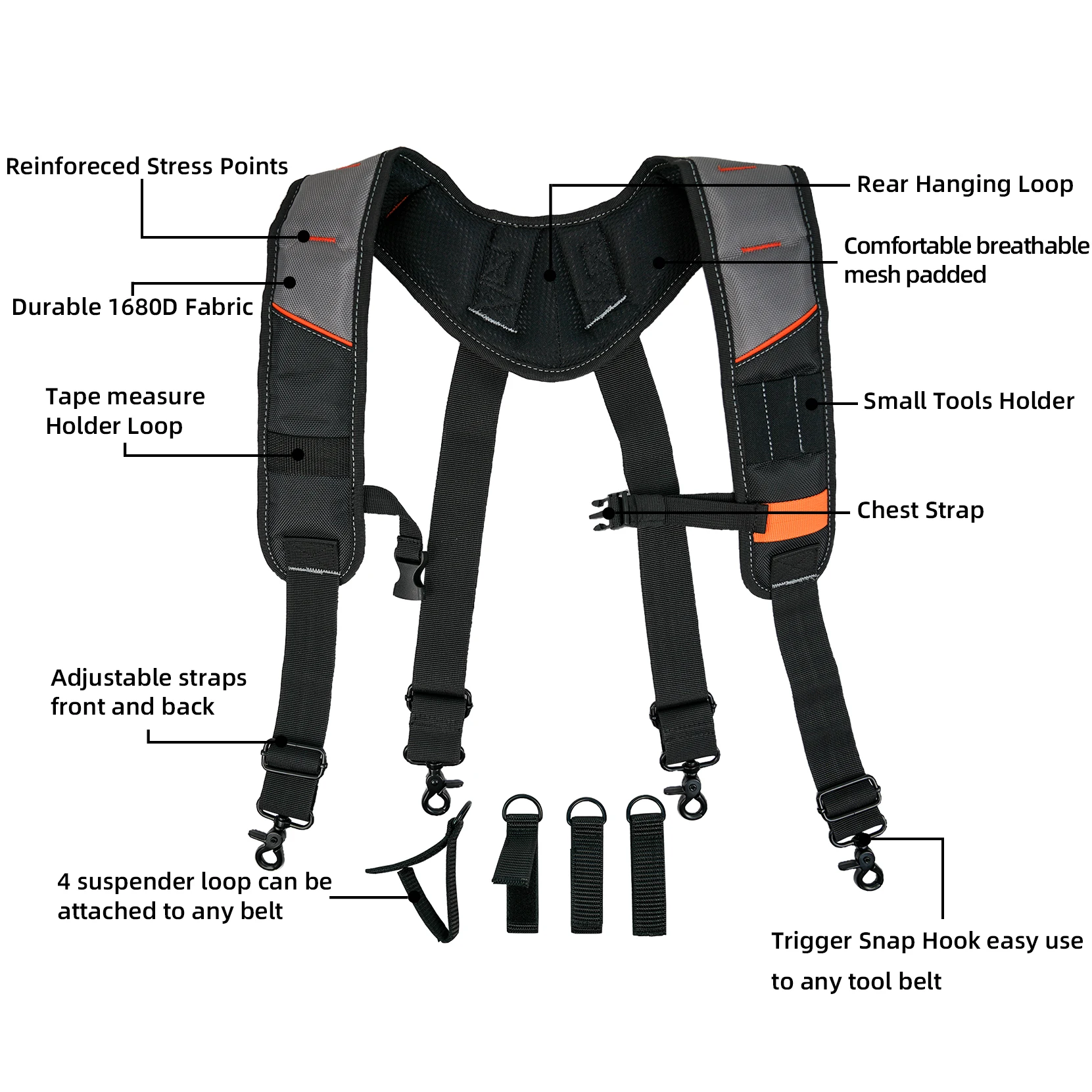 KUNN Tool Belt Suspenders Padded Carpenter Construction Electrician Work Suspender with Attachment Loops for Men