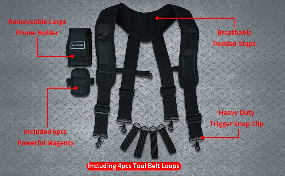 Magnetic Suspenders Tool Belt Suspenders with Large Moveable Phone Holder Pencil Holder, Adjustable Size Padded Suspends