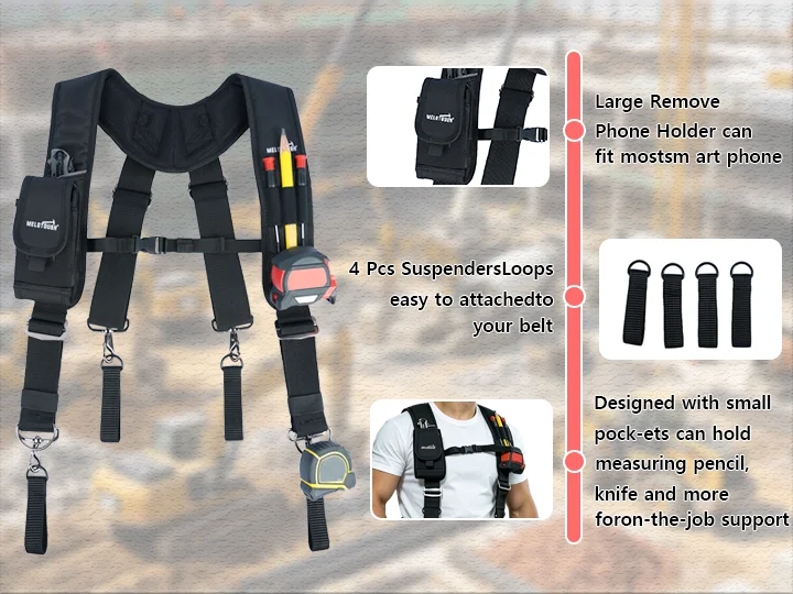 MELOTOUGH Work Suspenders Tool Belt Suspenders with Large Moveable Phone Holder