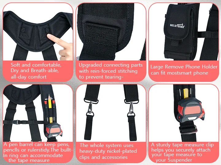 MELOTOUGH Work Suspenders Tool Belt Suspenders with Large Moveable Phone Holder