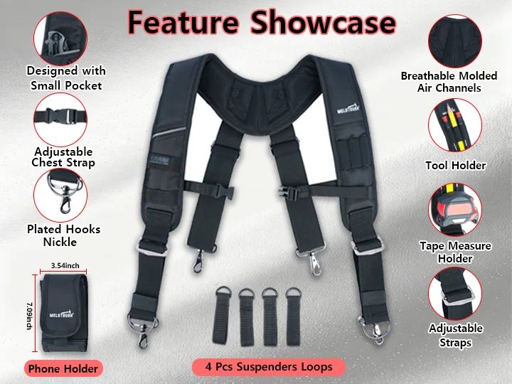 MELOTOUGH Work Suspenders Tool Belt Suspenders with Large Moveable Phone Holder