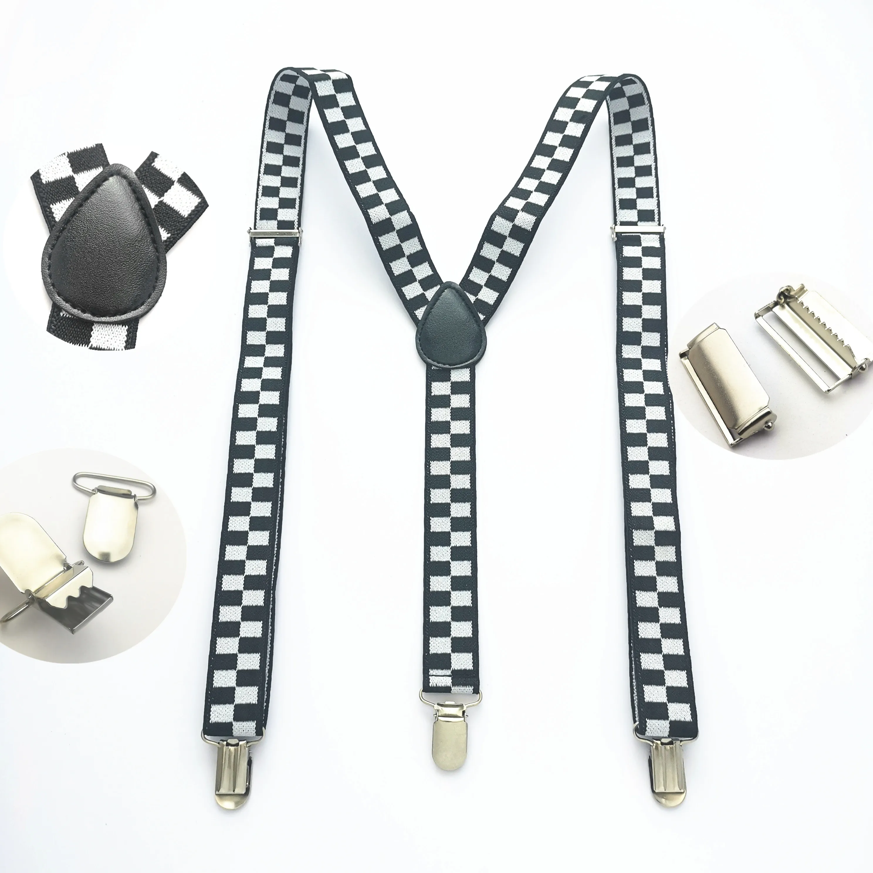 Black White Plaid Kids Adult Adjustable Suspenders 2.5cm Wide Elastic Strap Y-Back Braces 5 Sizes for Whole Family Party Wedding