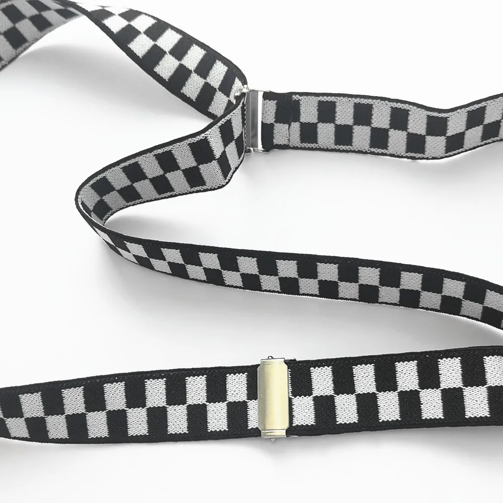 Black White Plaid Kids Adult Adjustable Suspenders 2.5cm Wide Elastic Strap Y-Back Braces 5 Sizes for Whole Family Party Wedding