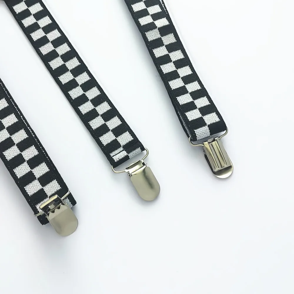 Black White Plaid Kids Adult Adjustable Suspenders 2.5cm Wide Elastic Strap Y-Back Braces 5 Sizes for Whole Family Party Wedding