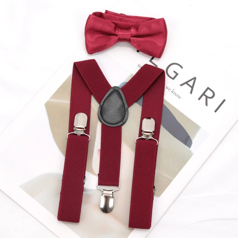 Kids Suspenders for Pants Bowtie Set Matching Tuxedo Suit Boy Girl Childs Black Adjustable Y-Back Brace Belt Wedding Accessories