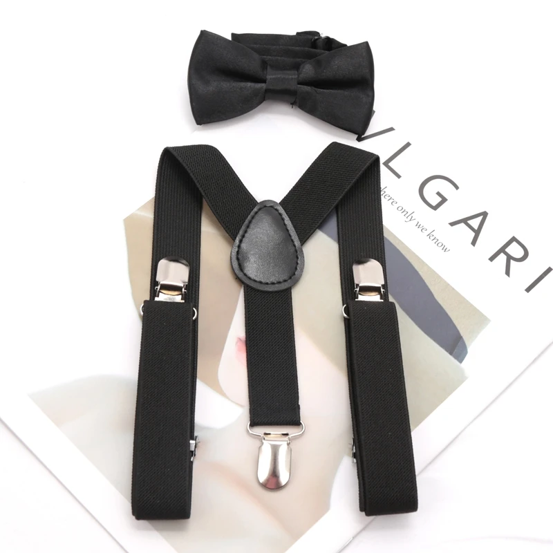 Kids Suspenders for Pants Bowtie Set Matching Tuxedo Suit Boy Girl Childs Black Adjustable Y-Back Brace Belt Wedding Accessories