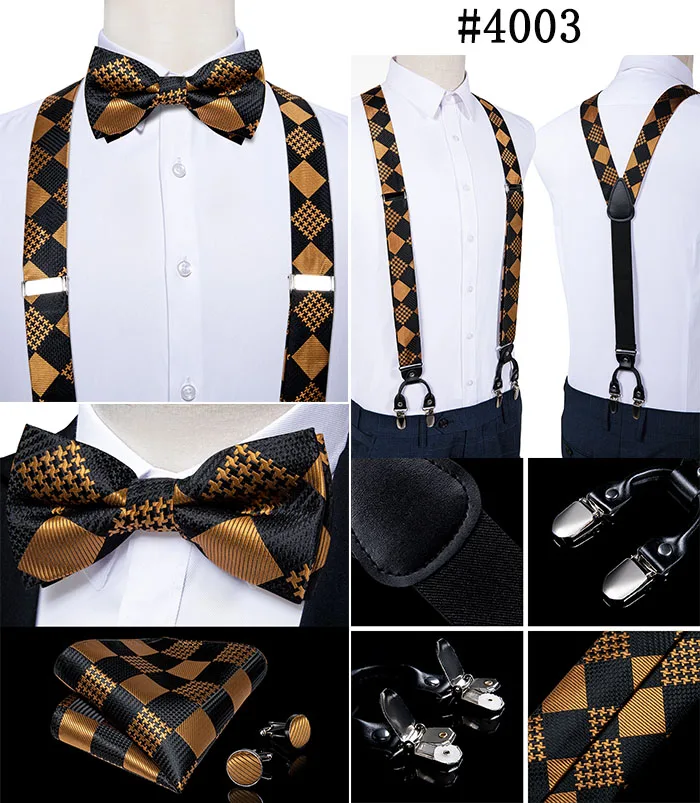 Fashion Men's Suspenders Bow Tie Pocket Square Set Classic 6 Clips Y Shape Suspenders For Wedding Party DiBanGu