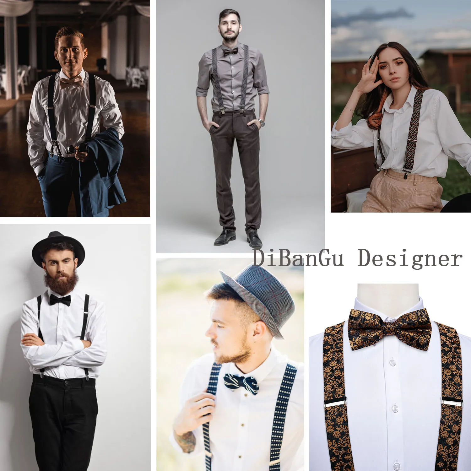 Fashion Men's Suspenders Bow Tie Pocket Square Set Classic 6 Clips Y Shape Suspenders For Wedding Party DiBanGu