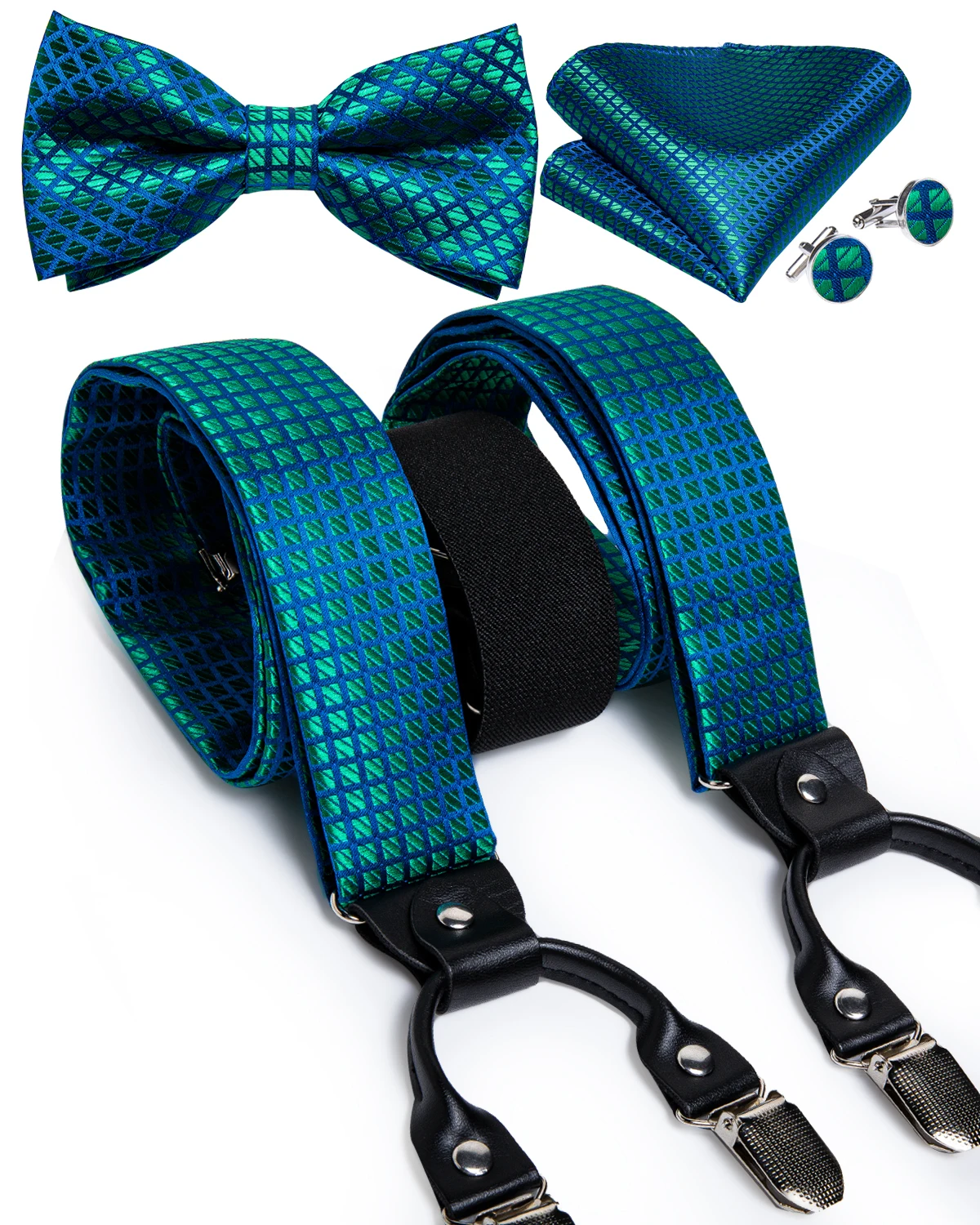 Fashion Men's Suspenders Bow Tie Pocket Square Set Classic 6 Clips Y Shape Suspenders For Wedding Party DiBanGu