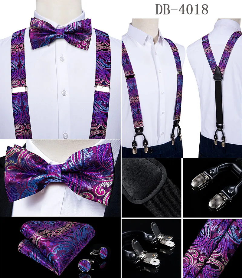 Fashion Men's Suspenders Bow Tie Pocket Square Set Classic 6 Clips Y Shape Suspenders For Wedding Party DiBanGu