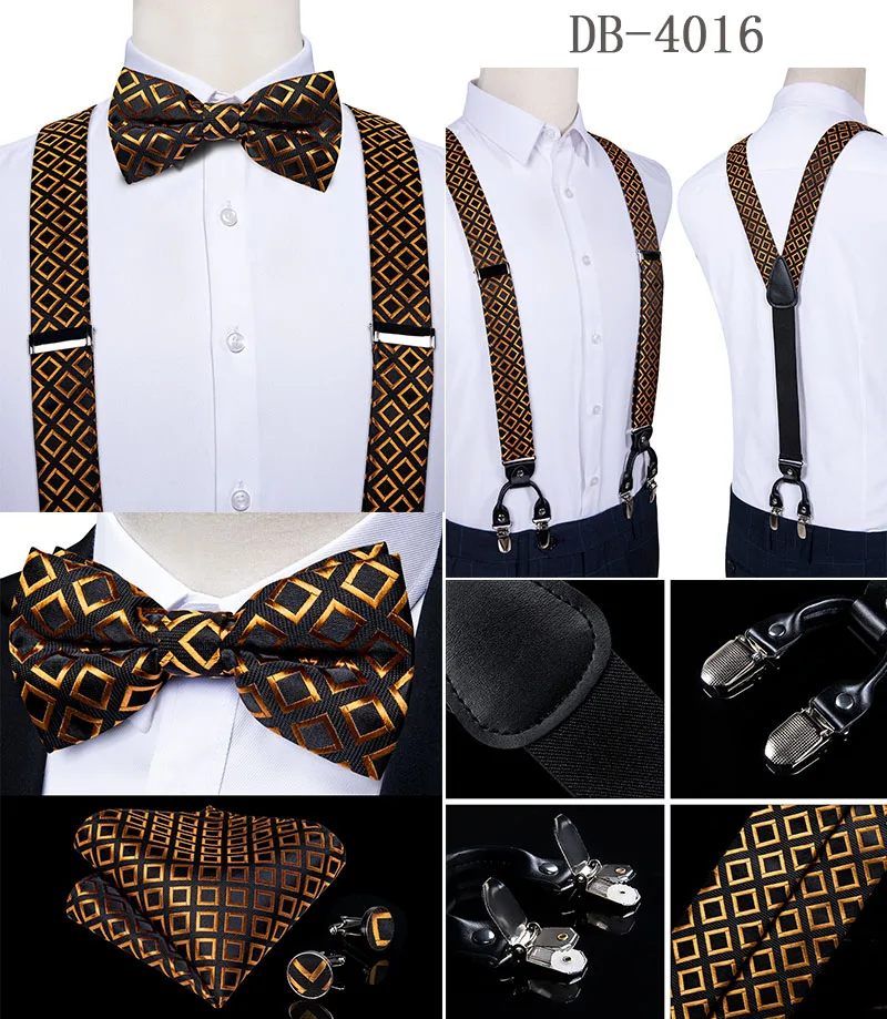 Fashion Men's Suspenders Bow Tie Pocket Square Set Classic 6 Clips Y Shape Suspenders For Wedding Party DiBanGu