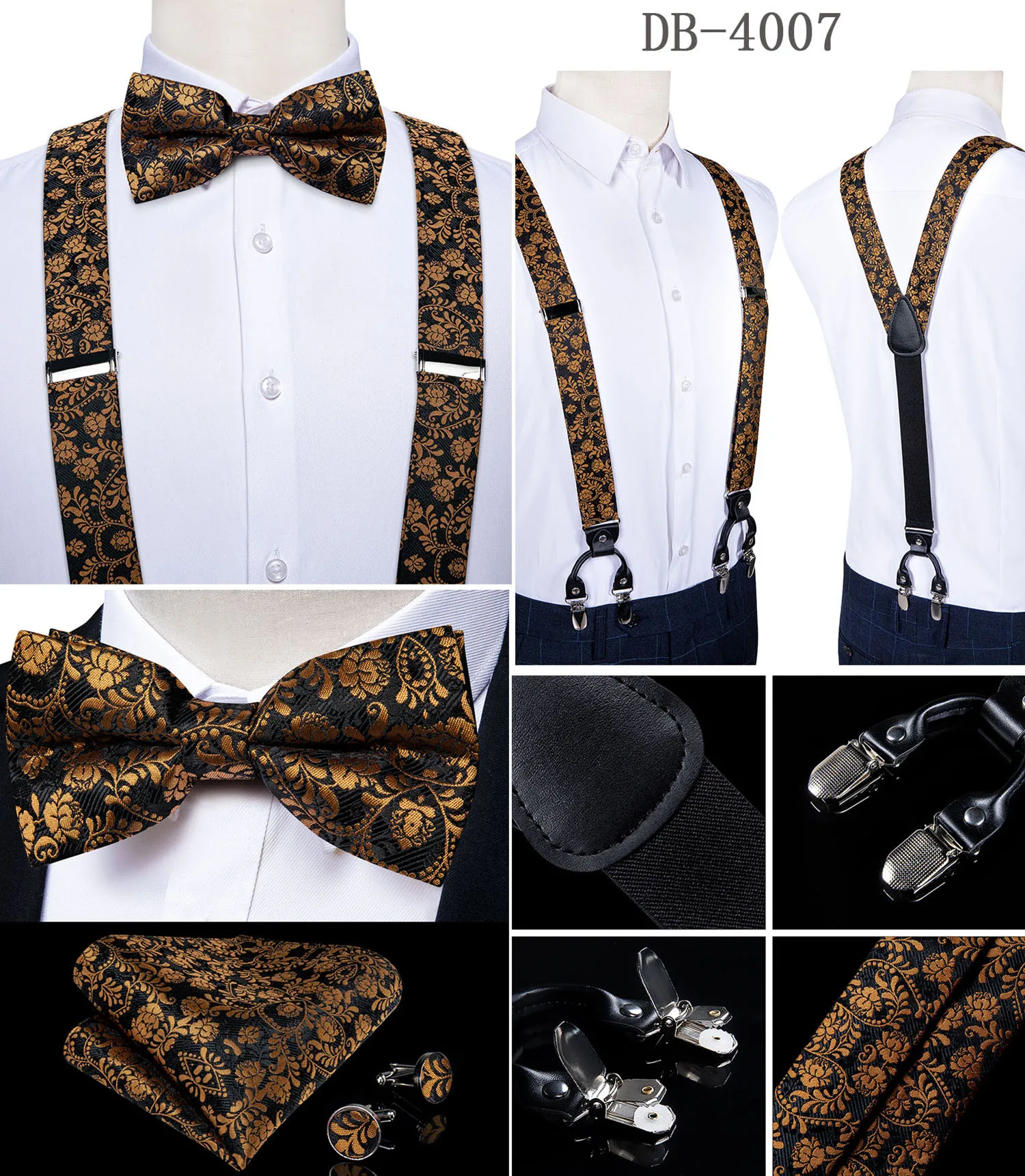 Fashion Men's Suspenders Bow Tie Pocket Square Set Classic 6 Clips Y Shape Suspenders For Wedding Party DiBanGu
