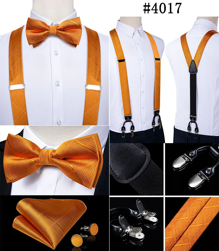 Fashion Men's Suspenders Bow Tie Pocket Square Set Classic 6 Clips Y Shape Suspenders For Wedding Party DiBanGu