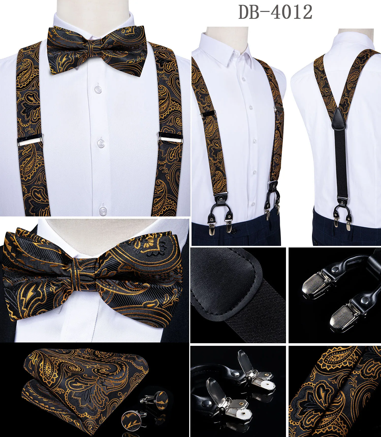 Fashion Men's Suspenders Bow Tie Pocket Square Set Classic 6 Clips Y Shape Suspenders For Wedding Party DiBanGu