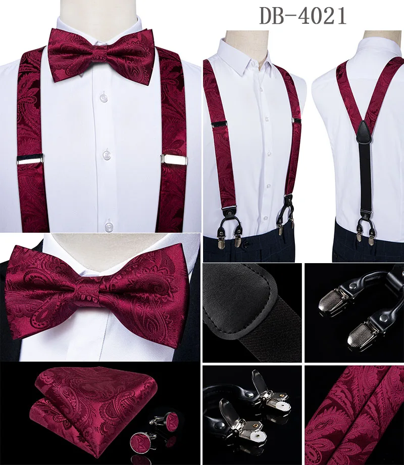 Fashion Men's Suspenders Bow Tie Pocket Square Set Classic 6 Clips Y Shape Suspenders For Wedding Party DiBanGu